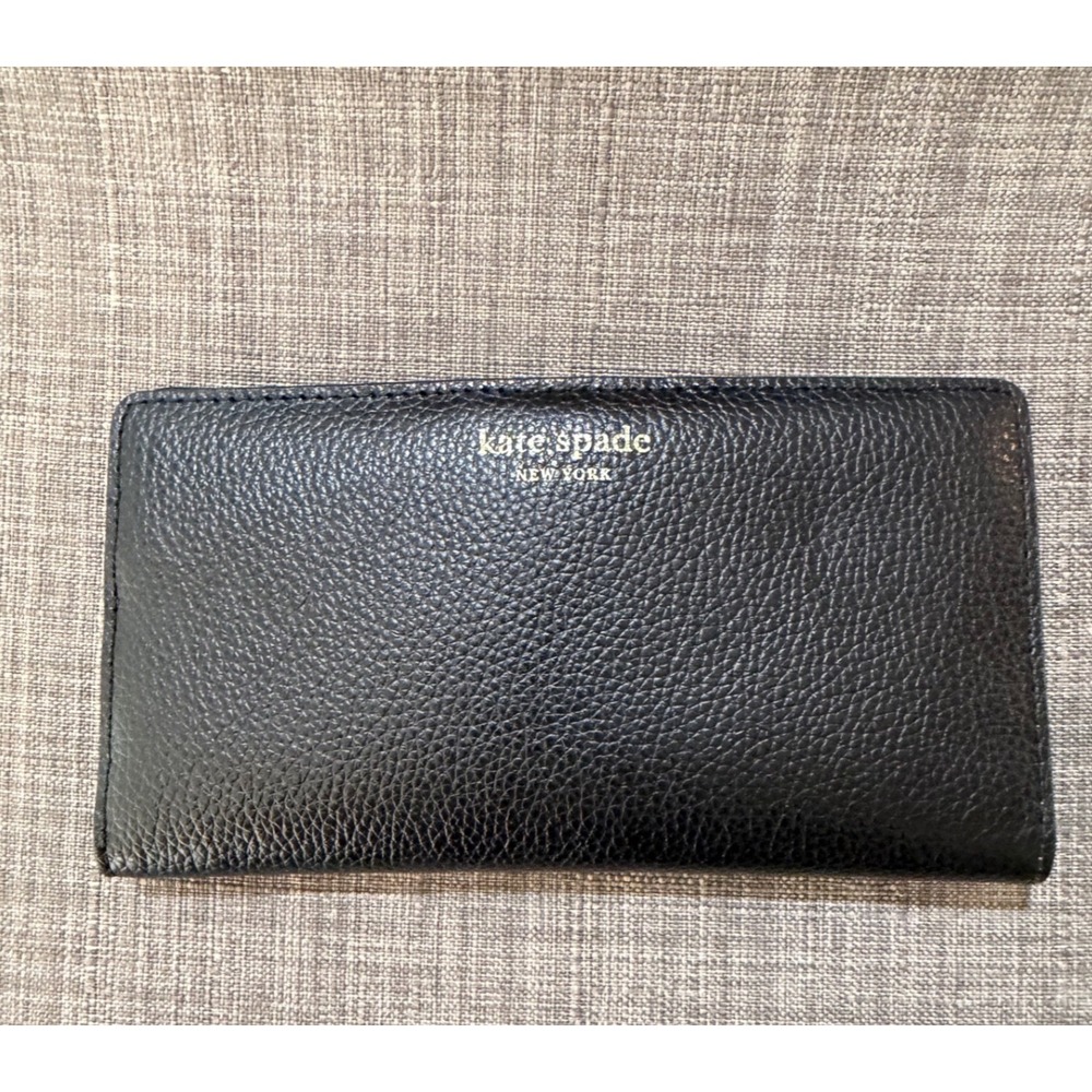 Kate Spade New York Black Pebbled Leather Bifold Wallet Pink Interior Slim